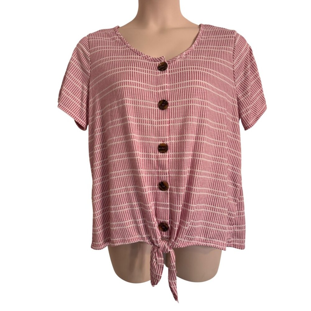 Notations Women Size 2X Tie Waist Button Up Shimmer Textured Stripe NWT